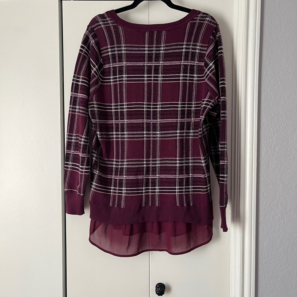 Torrid Women's Plaid Tunic Sweater Burgundy Purple Size 2 Chiffon Trim‎